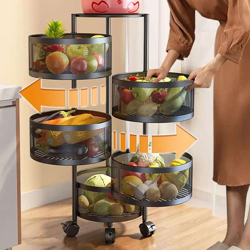 360 degree rotating vegetable rack kitchen floor multi-layer multifunctional circular fruit and vegetable basket storage rack. 