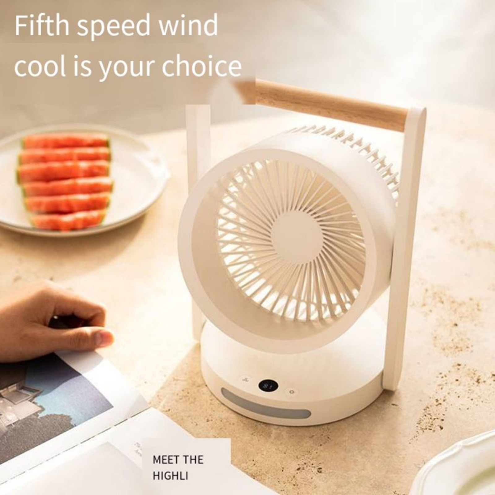 GC Mini Desk Fan, 90° Rotate Table Fan, Quiet Operation Table Fan With Wooden Handle, LED Night Light, 5 Speeds Strong Air, LED Battery Level Display