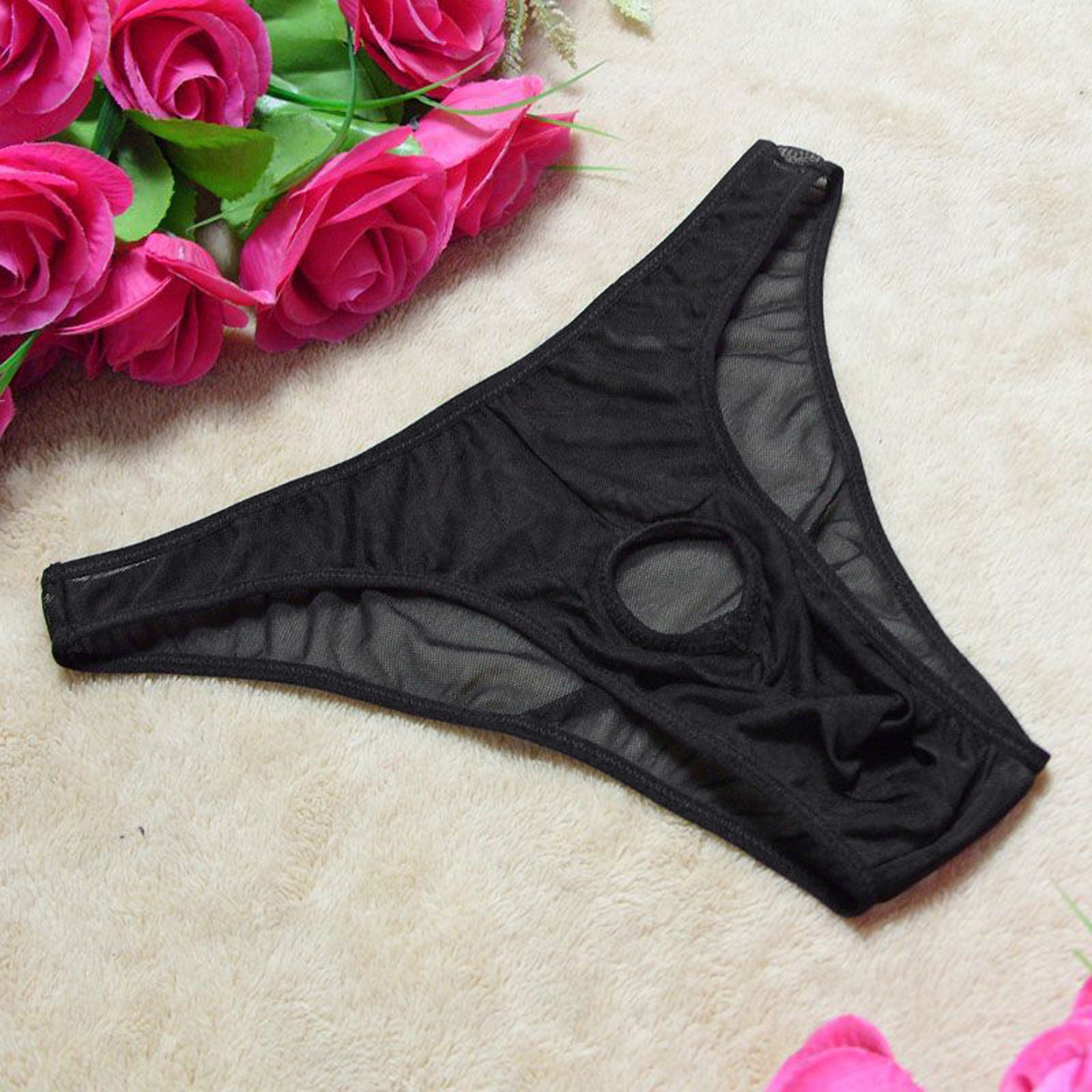 Lingerie Men Mesh Underwear Briefs Open Front simple Pouch Hole Out Transparent Panties Underpants