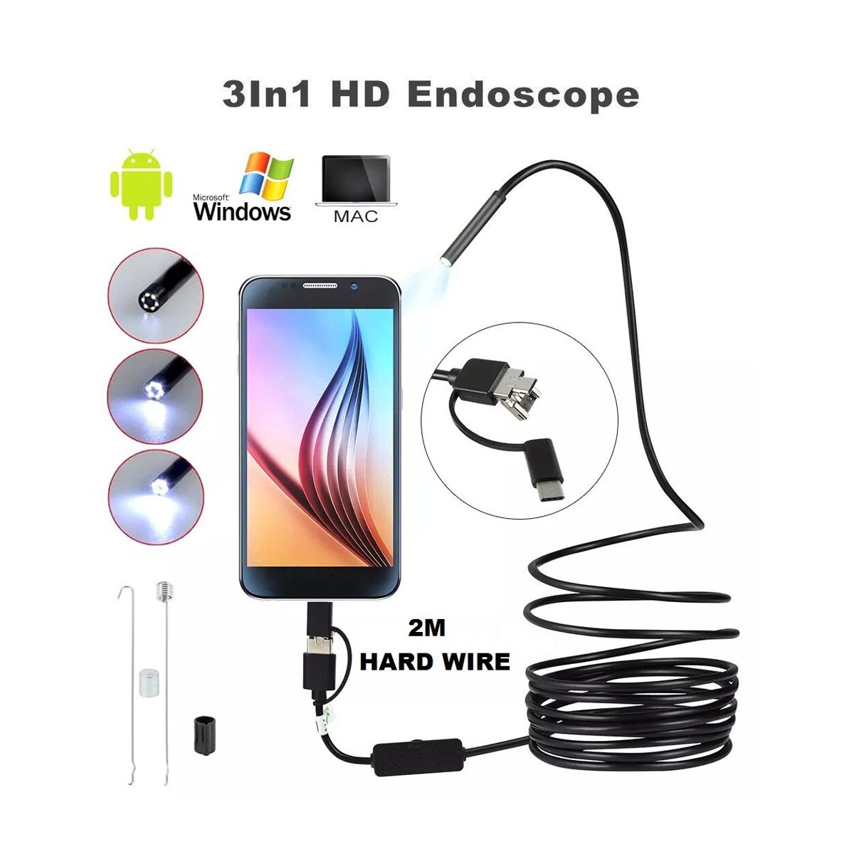 3 In 1 Type-c Android 6 LEDs USB Endoscope Inspection Mini Camera Borescope Flexible Hard Cable for Android Smartphone PC. 