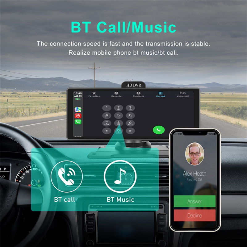 10.26Inch 4K DVR Car Monitor Carplay Android Dash Cam Dual Cameras, B. 