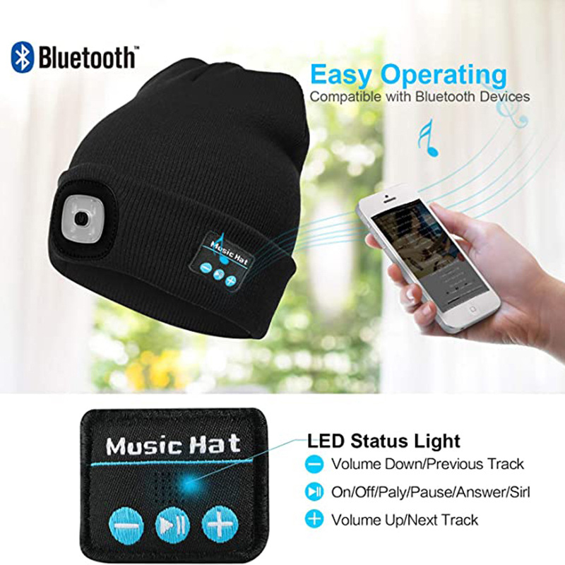 ♬Bluetooth Beanie Hat With LightMusical Knitted Washable Cap With Headphone Built-In Stereo Speakers & Mic For Running Hiking For Men Women Teens 2 Levels Of Brightness And Sos-Mode Emergency. 