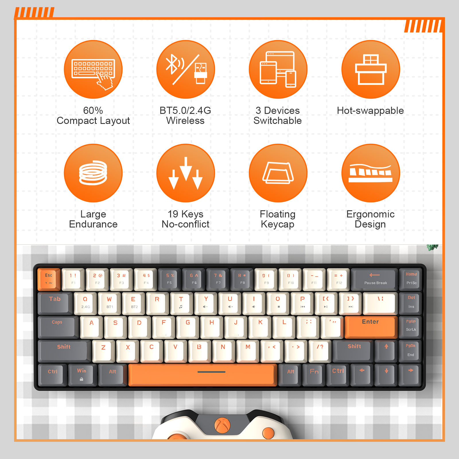 Attack Shark x ZIYOULANG K68 Wireless Mechanical Keyboard, 68 Keys Layout, BT 5.0/2.4G, 2-in-1 USB-C Receiver, Hot Swappable. 