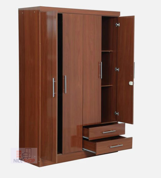 Glossy Cherry Secure 4-Door Wardrobe Partex MDF Laminated Board Almirah with 2 Large drawer and Clothe storage hanger shelf, 4 part Almira with Clothes storage shelve and drawer by Nice Shop,  4 doors wardrobes Almirah 72/48. 