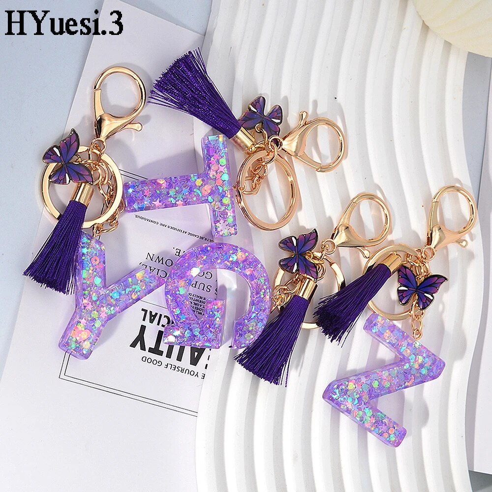 Glitter 26 Initials Name Keychain Purple Color Sequin Filled Letter Key Ring With Tassel Butterfly For Women Backpack Bag Decor. 