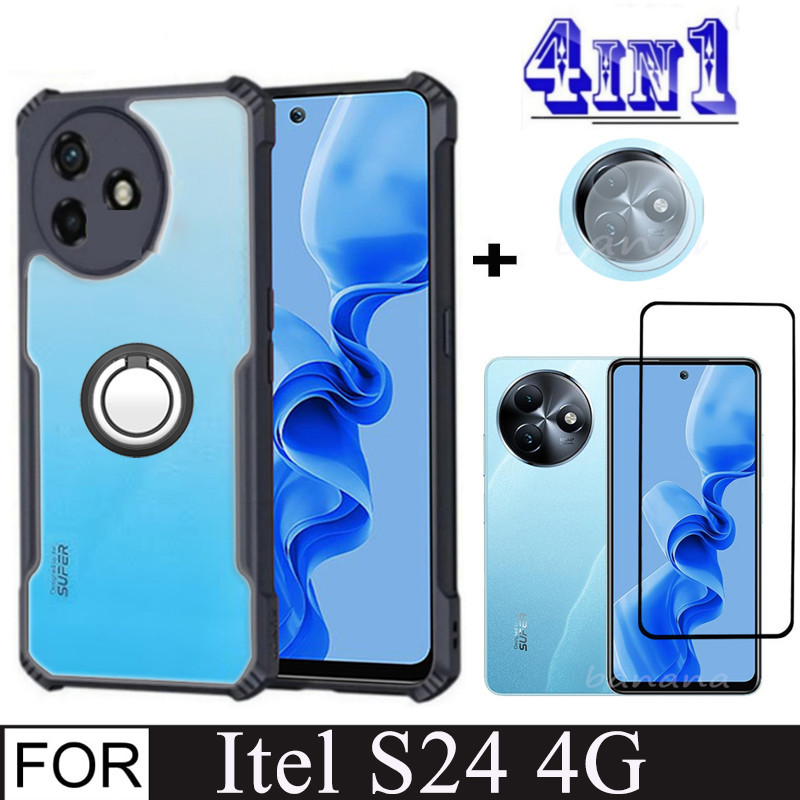 Itel S24 4G Shockproof Phone Case for itel RS4 P55 A70 4 in 1 Camera Lens Glass Screen Protector and Mobile phone holder