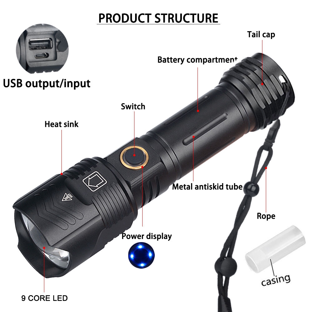 XHP90 9-Core LED Flashlight USB Flash Lamp 18650 26650 Handheld Light. 