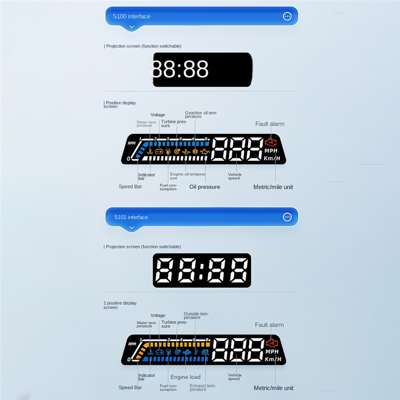 1 Piece S100 Dual Display HUD Head-Up Display OBD Multi-Function Black Vehicle Instrument Transmission Oil Temperature Monitoring. 