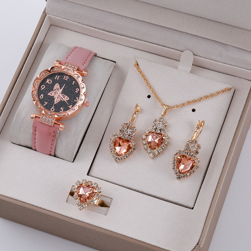 LooKeo Mall Stylish 5/6pcs Women's Watches Set and Bracelet with Pink Butterfly Quartz and Jewelry Set for Women & girls