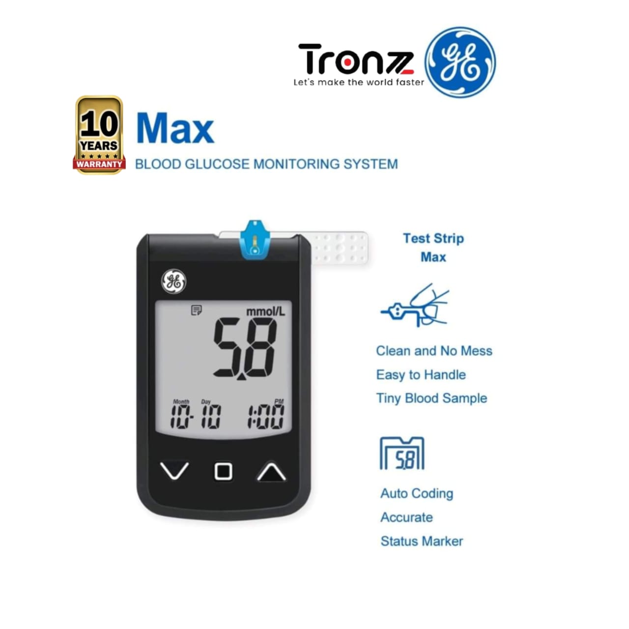 GE Max Blood Sugar Glucose Monitor BT Apps Version Glucometer with 10 Pcs Free Test Strip | 10 Years Brand Warranty by TRONZZ.com