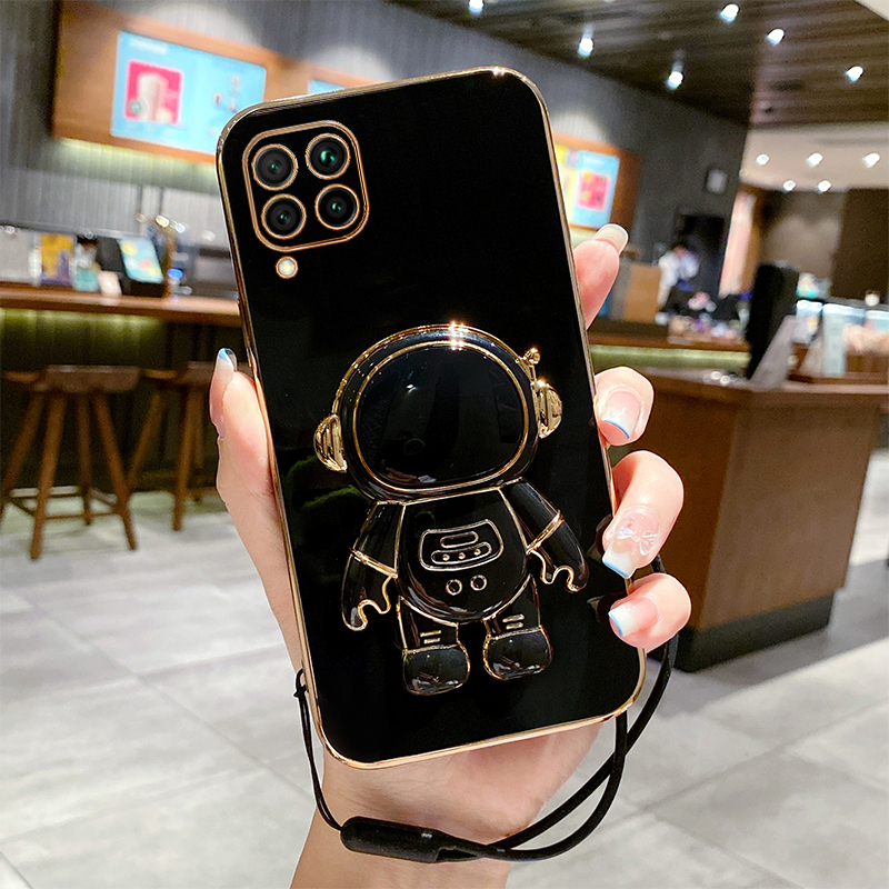 COROGI for Huawei Nova 7i Back Cover with Free Lanyard Cartoon Astronaut Folding Stand Luxury 6D Plating Square Shiny Cases Soft Silicone Mobile Phone Case Pouch