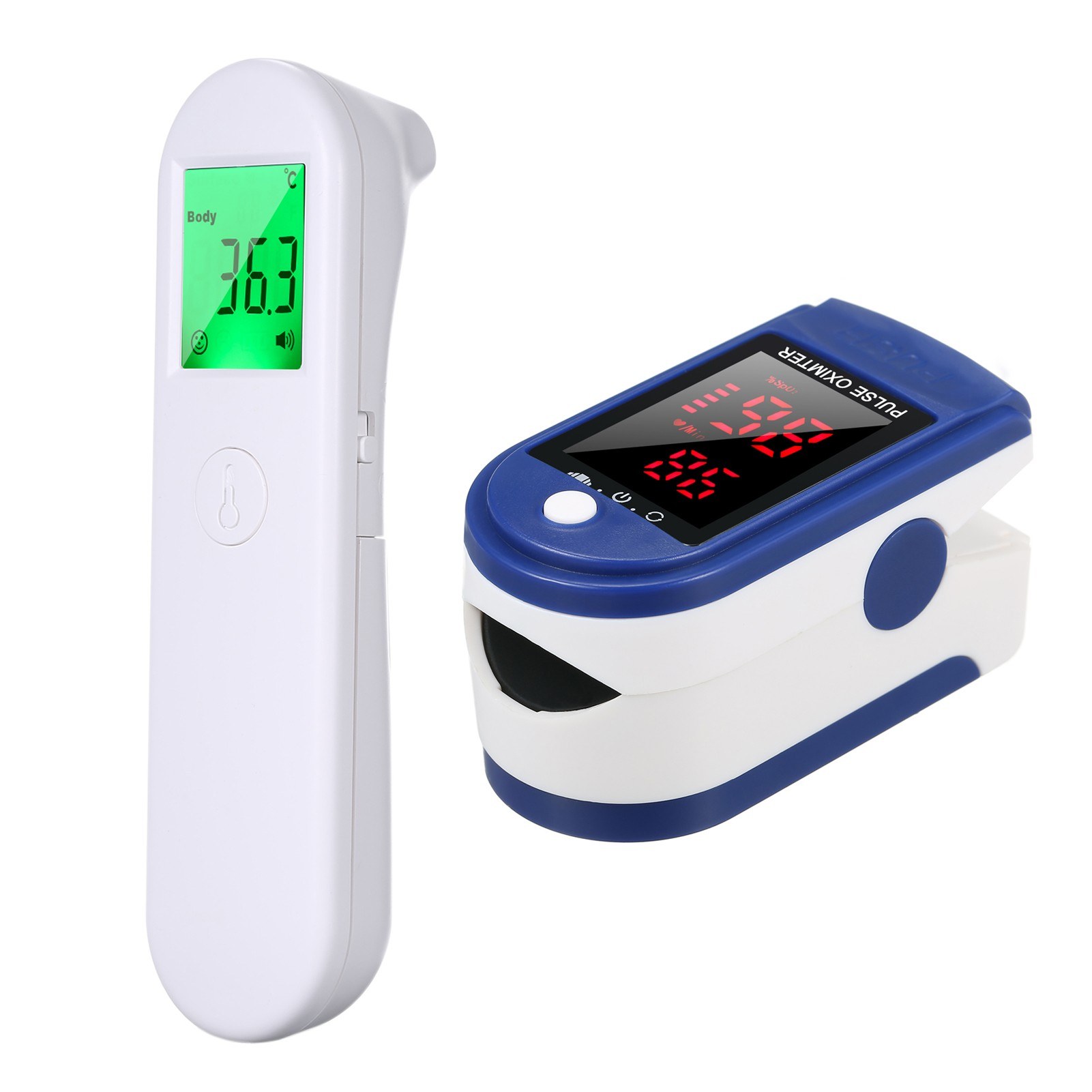 UX-A-02 Non Contact IR Infrared Thermometer + Fast Rapid Reading Finger Pulse Oximeter - white + blue