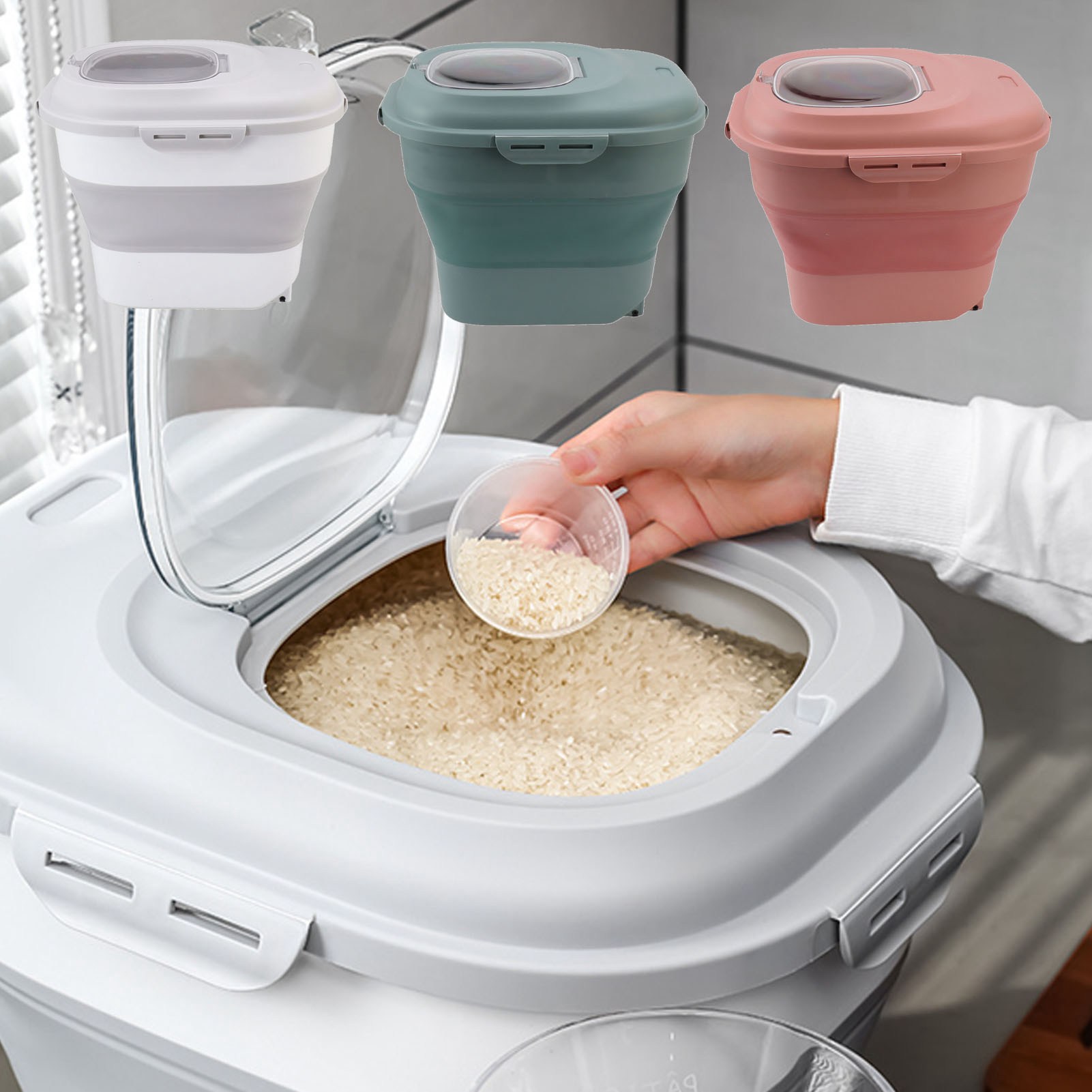 Rice Food Storage Container Large Collapsible Food Storage Container with Measuring Cup Rolling Wheel. 