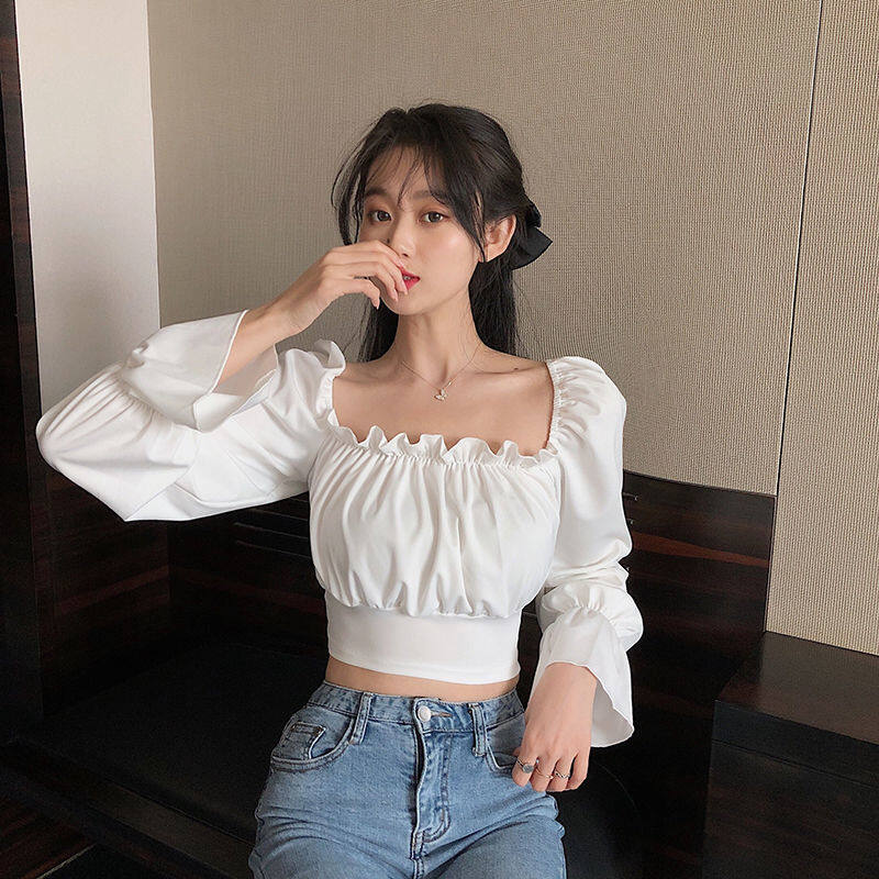 IELGY korean style chiffon square neck puff sleeve short shirt long sleeve top women s trend Daraz .bd