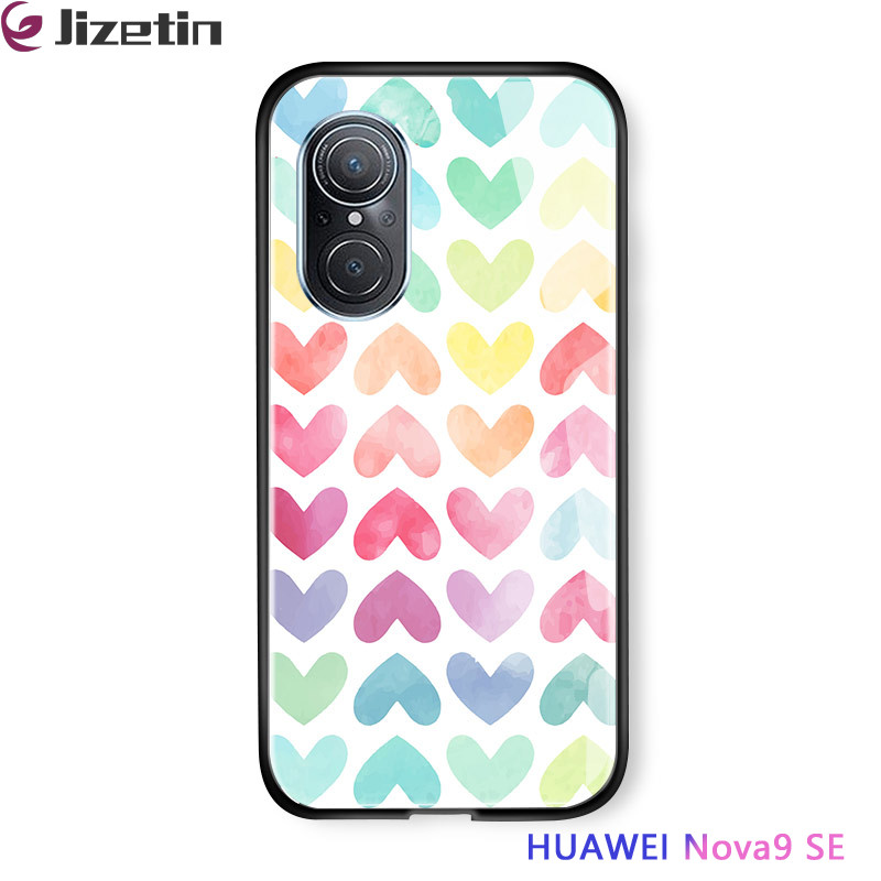 Jizetin for Huawei Nova 9 SE Glass Back Cover Decorative Pattern Glossy Tempered Glass Shockproof Soft Edge Phone Cases