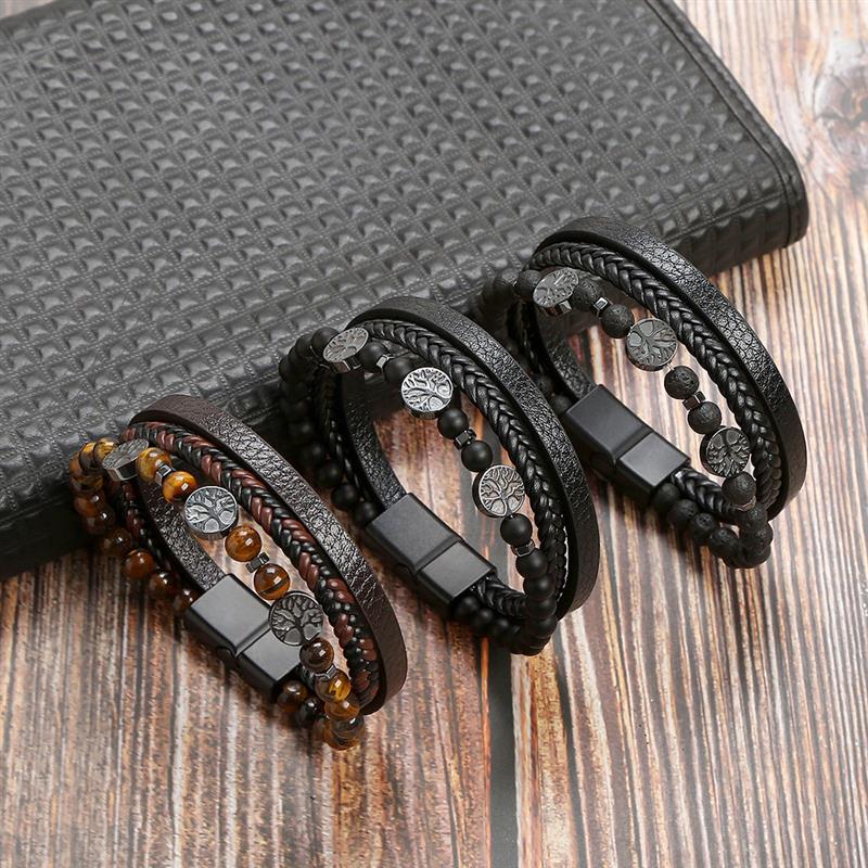 New Fashion Life Tree Leather Bracelet Men Classic Fashion Tiger Eye Beaded Multi Layer Leather Bracelet For Men Jewelry Gift. 