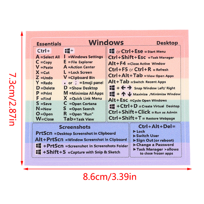 Windows Keyboard Reference Shortcut Cheat Sheet Sticker Water Proof Rainbow. 