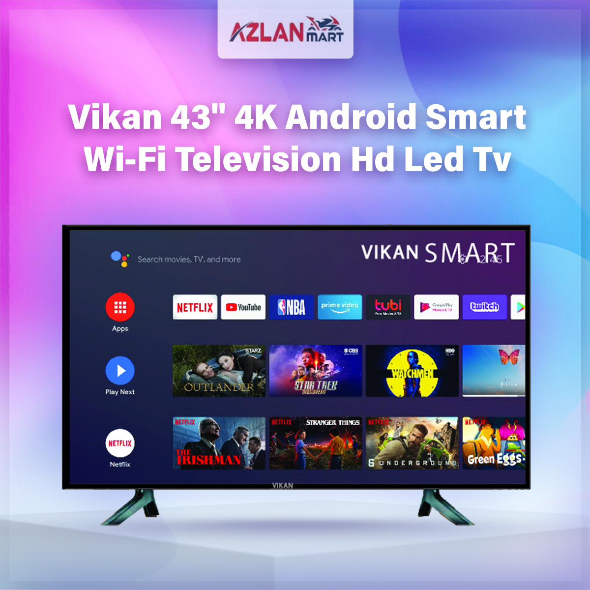Vikan 43'' 4K Supported Android Smart Wi-Fi Television Hd Led Tv 4k Supported Ram 2 gb Rom 16 gb