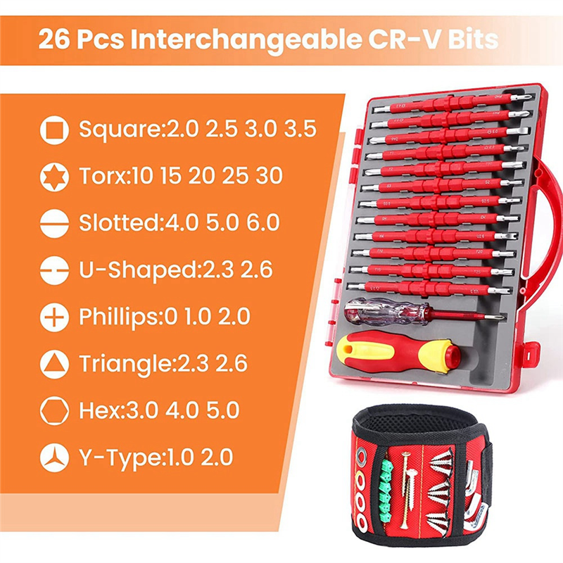 1Set Insulated Electrician Screwdriver Set with Magnetic Wristband Tools 1000V Red Small Tool Set for Men PH Slotted Torx Hex Square Bits. 