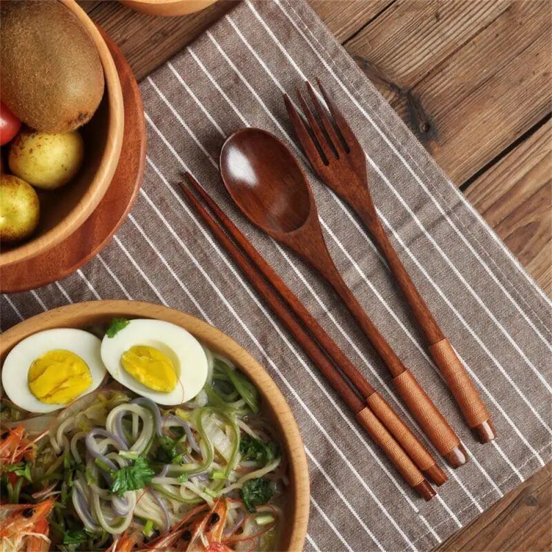 3PCS Wooden Cutlery Set Wood Chopsticks Spoon Fork Japanese Style Spoon Fork Chopsticks Set Spoon Portable Tableware With Bag. 