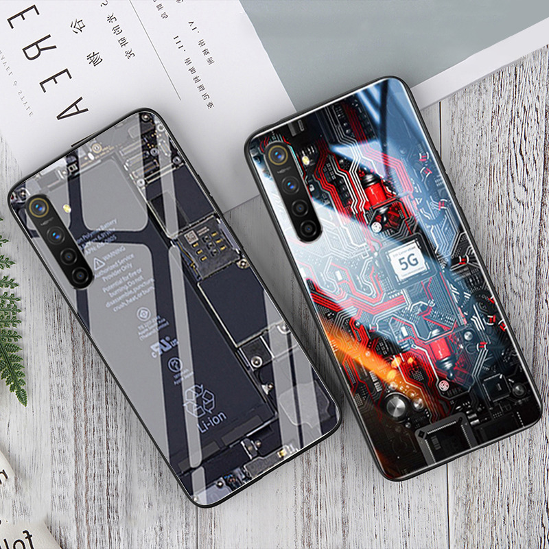For Realme XT Back Cover Version Theme Case Tempered Glass Protection shockproof Cover for Realme XT case Transparent Circuit Board Design Full Coverage Phone cases. 