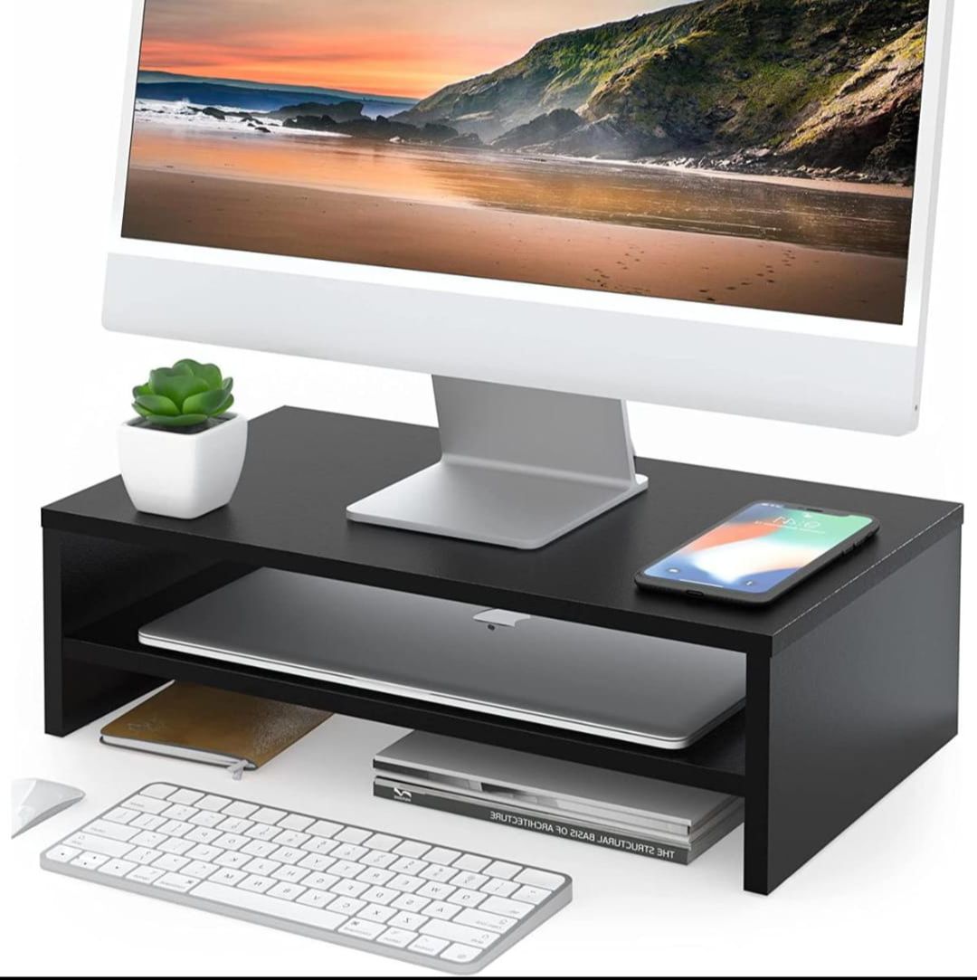 Monitor Stand - 2 Tier Computer Monitor Shelf Wood Desktop Stand For Laptop Computer Desk Organization Desktop Monitor Stand - Wood Monitor Stand. 