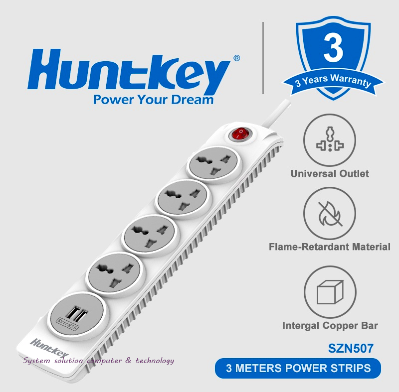 Huntkey SZN507 6Port (4 Port + 2 USB Port -3y Warranty) 3meter Copper Bar Universal Power Strip/Multiplug