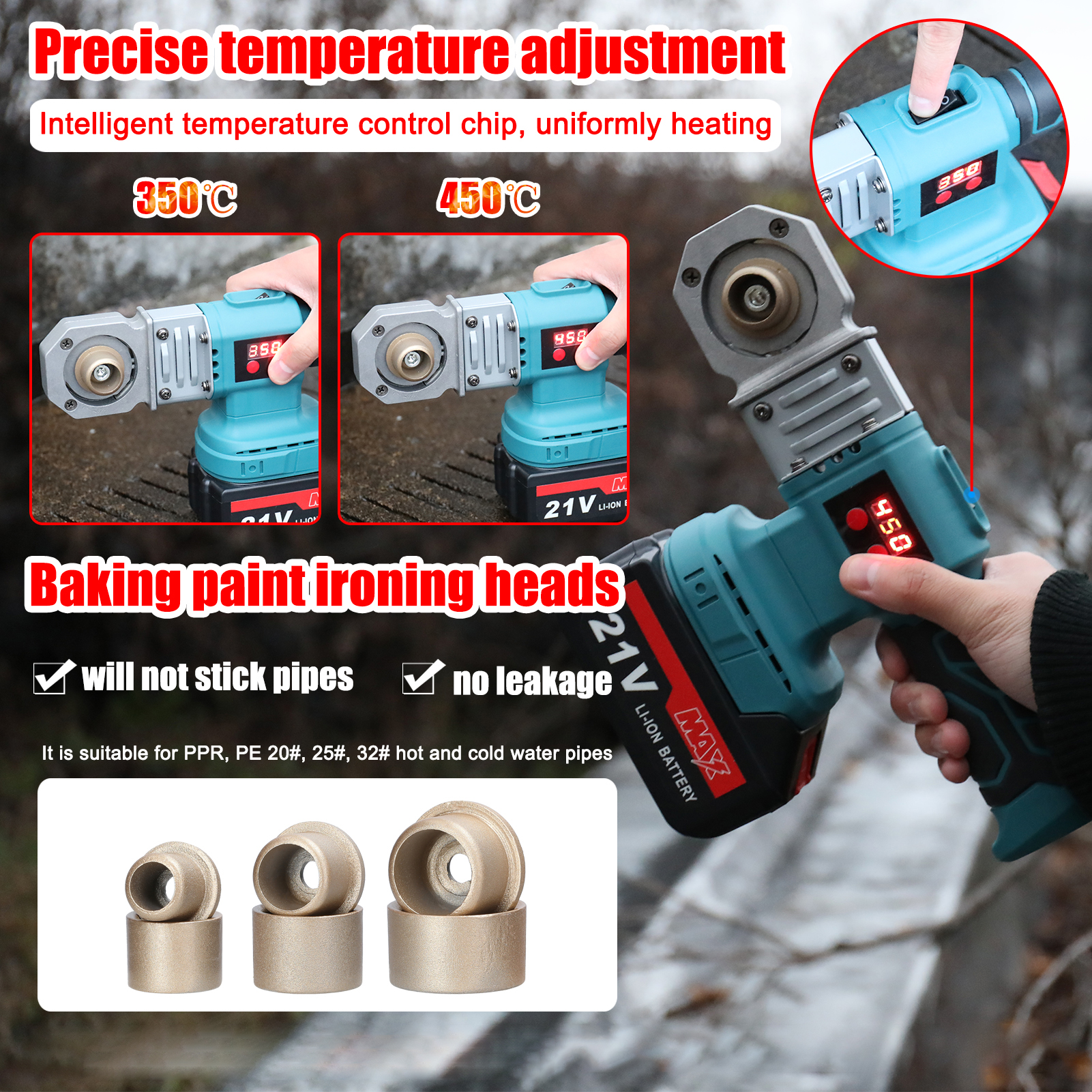 PPR Pipe Welding Machine Cordless Water Pipes Melting Device With 20/25/30mm Replacement Heads Fuse Machine for Makita Battery. 