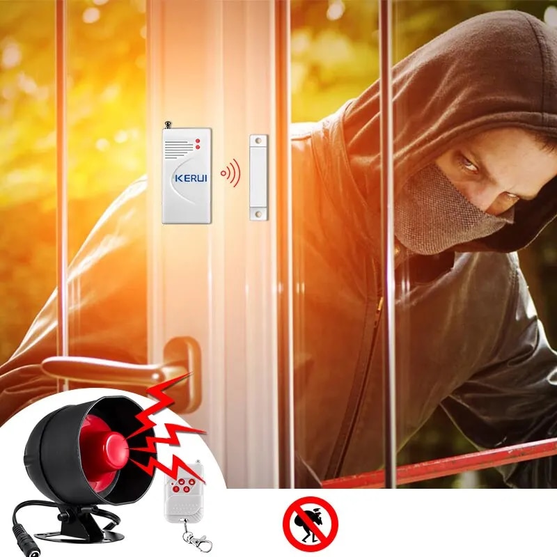 KERUI Security Alarm System Kit 110dB Wireless Loud Indoor/Outdoor Weatherproof Siren Horn with Remote Control and Door Contact. 