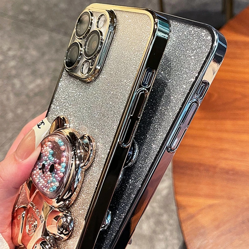 For OnePlus Nord CE 2 5G / Nord CE 2 Lite 5G Back Cover case with Gradient 3D Bear Folding Stand Bracket Luxury Slim 6D Plating Glitter Girls Phone Case Clear Soft Silicone Protective Cases Pouch. 