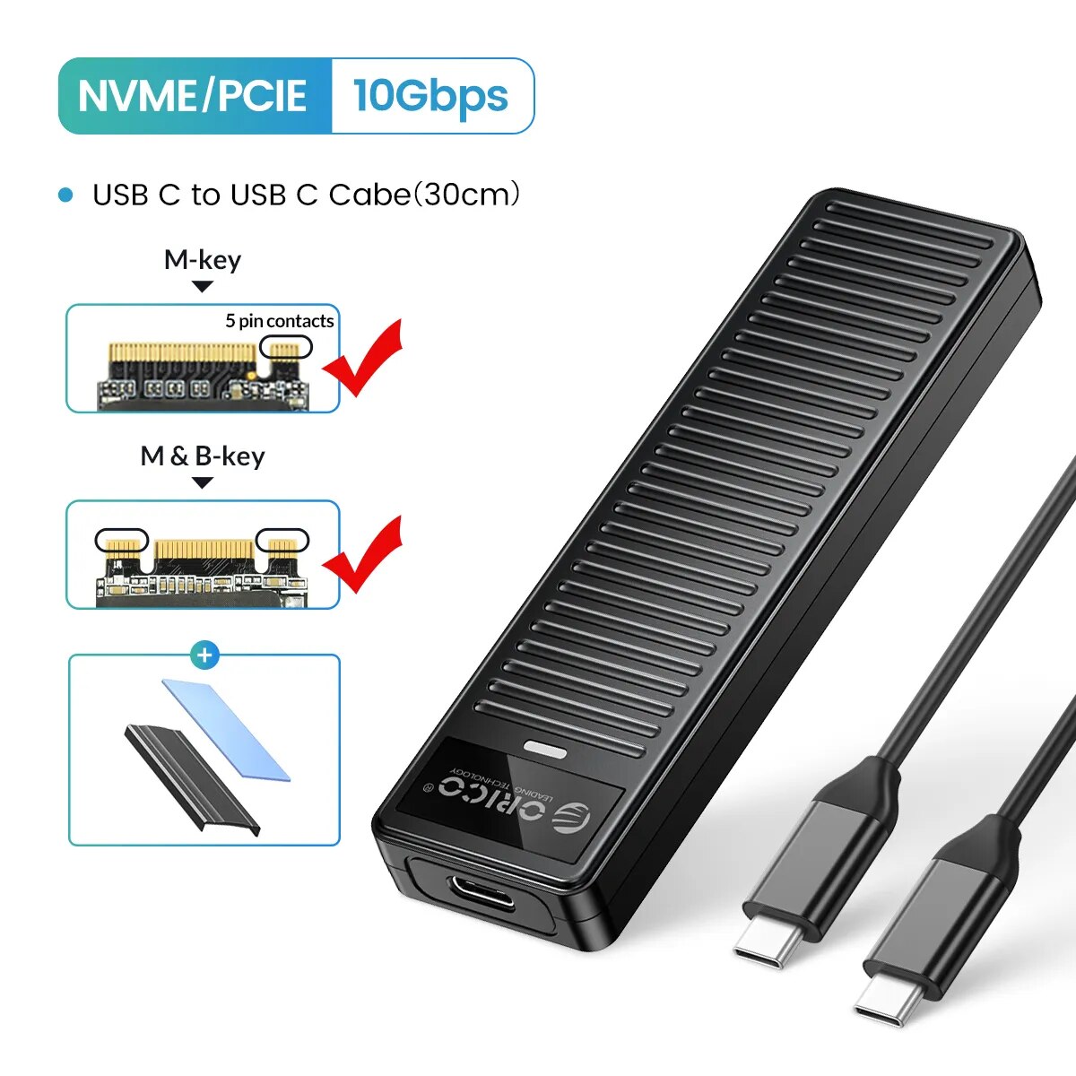 ORICO M.2 NVMe SSD Enclosure 10Gbps USB3.2 Gen2 M2 SSD Enclosure Case Box Simple Design for NVMe SATA Tool-free Support UASP. 