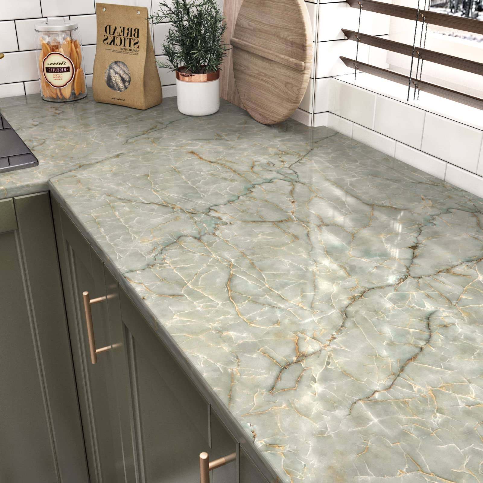 48" x 24" Green Marble Contact Paper for Countertops Waterproof Marble Wallpaper Peel and Stick Countertops Self Adhesve Contact Paper for Cabinets Removable Counter Top Stick Paper Roll ( 8 square Feet )