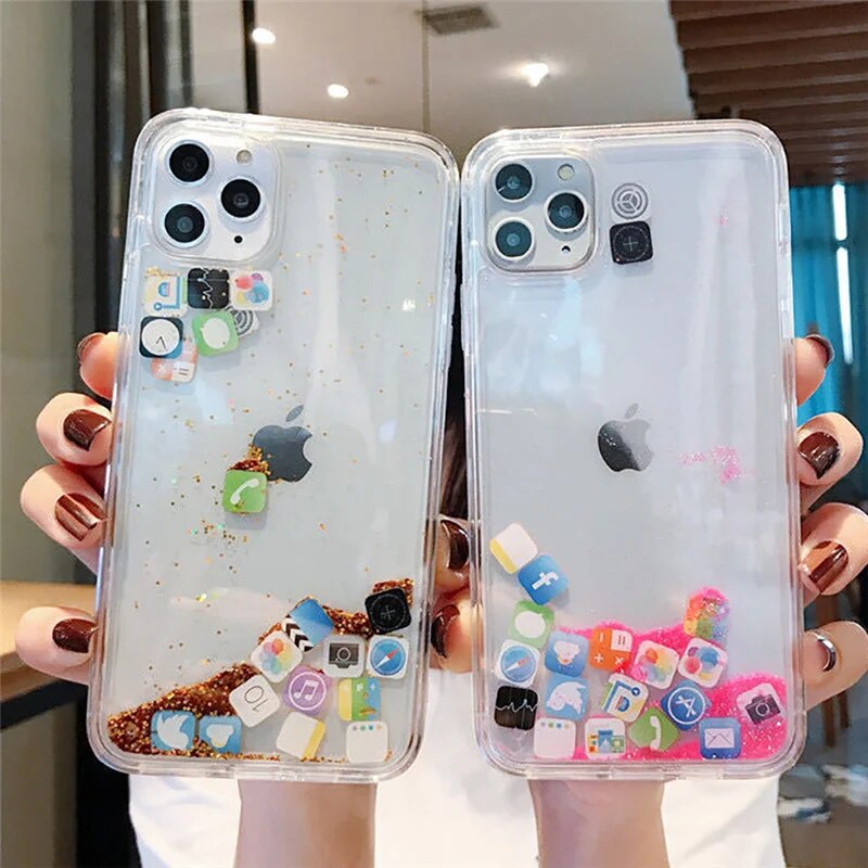 Dynamic Quicksand phone Case for iphone 14 13 12 11 Pro Max 6s 7 8 Plus X XR XS Max SE Cute Apps Icon Liquid Glitter Clear Cover. 