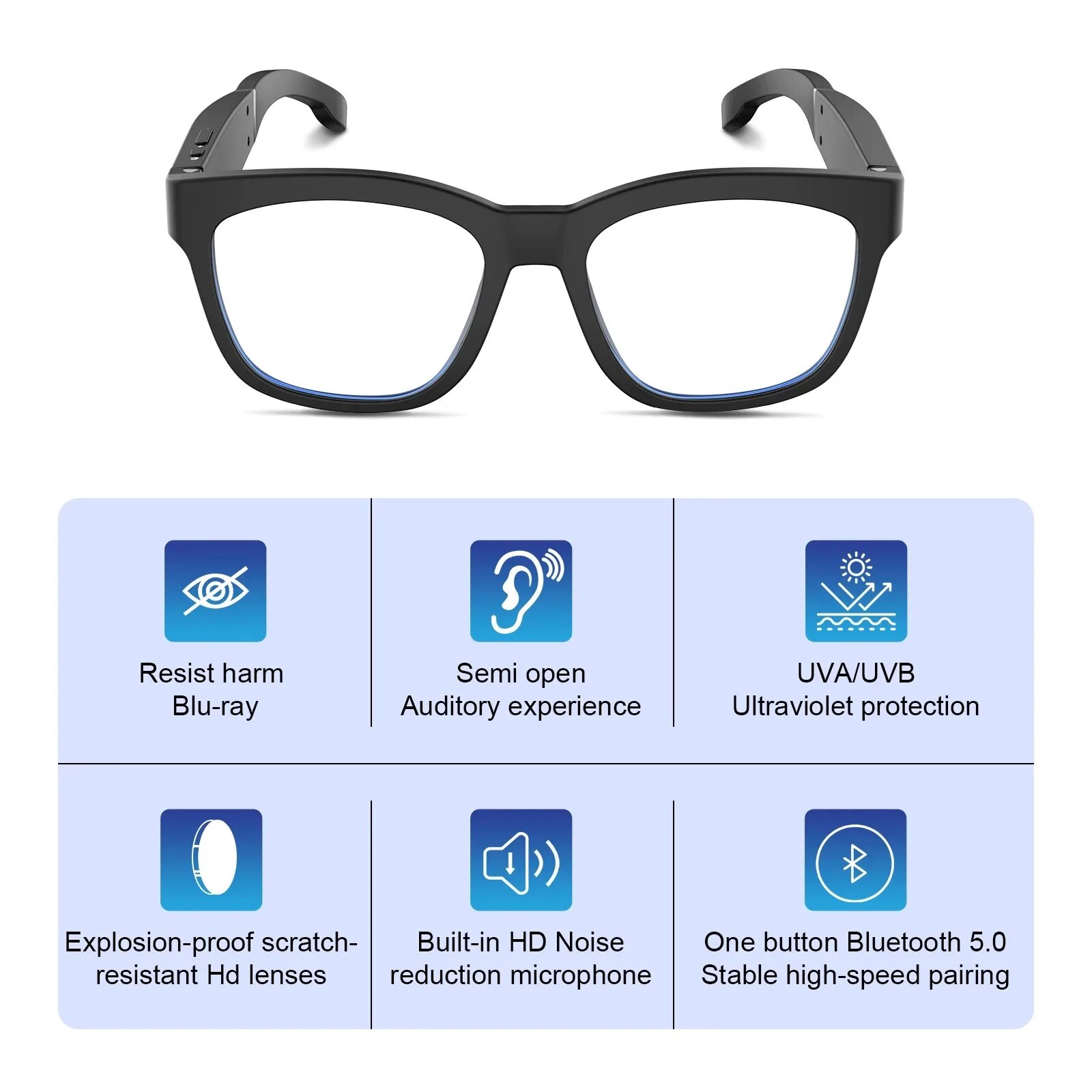 Smart Glasses Bluetooth 5.0 Audio Glasses,Headsets Smart Glasses, Noise Canceling Mic UV Glasses for Blue Light Filter Wearable. 
