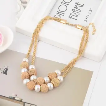Women Retro Faux Pearl Beads Necklace Lady Luxury Dual Layer
