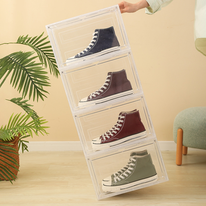 Transparent shoebox side opening storage dustproof display shoe cabinet magnetic door box clamshell anti-oxidation finishing box storage box. 