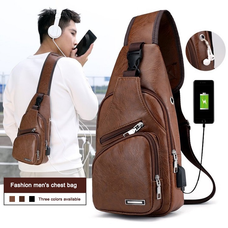 Men's Custom Crossbody Chest bag Waterproof PU Leather Bag with USB charging port Chocalate Color