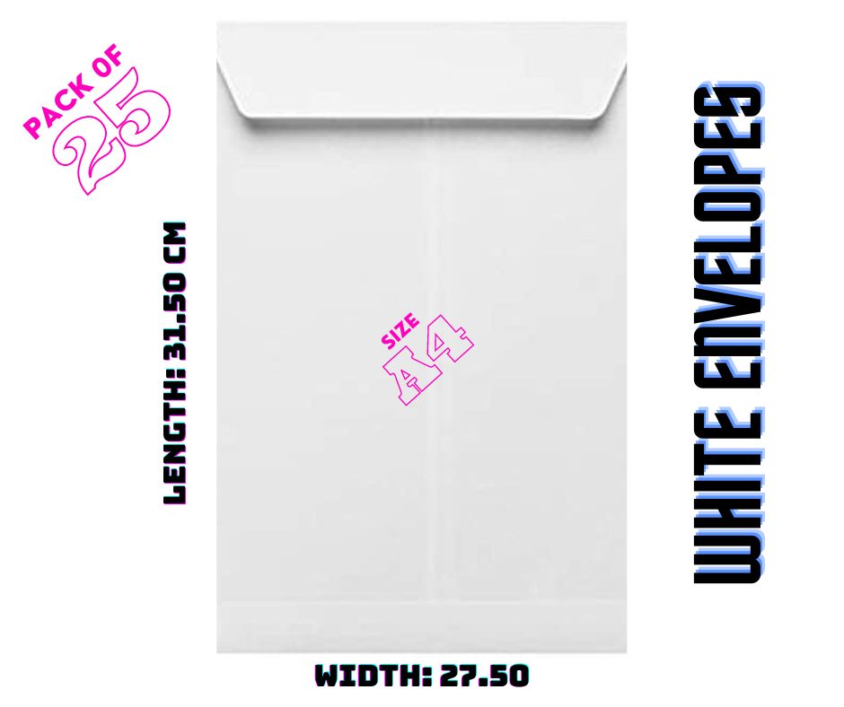 White Envelopes (Shada Kham) Folding Pocket For Invitations Cards, Photos, Letters, Strong Bond Paper, by Better Office Products,  Great Option for Mailing, Storage and Organizing, Size A4 (Length 31.50cm X Width 27.50cm), Pack of 25 PCS. 