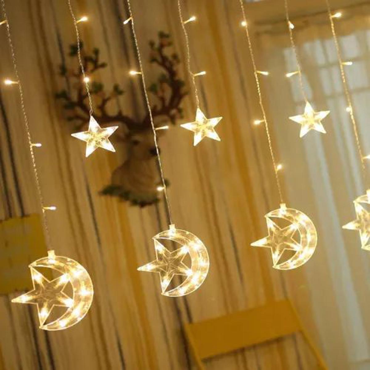LED Star Curtain Lights ,6 moon-star & 6 single star Window Curtain String Light Moon Star String Light multi & golden color plug systems