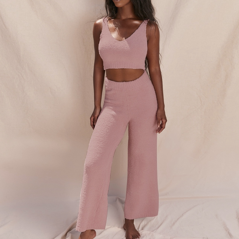 Women Knitted Plush Two Piece Set Sexy 
