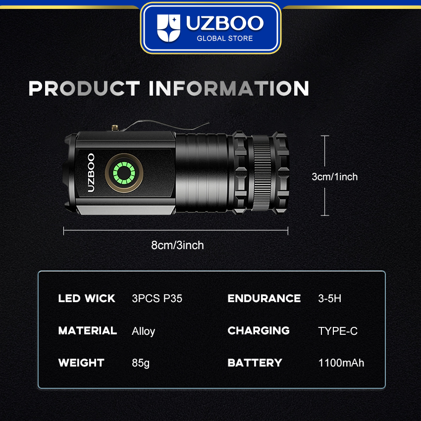 UZBOO 1300LM Mini Flashlight High Bright Flashlight LED Torch Light Outdoor Pocket Size Flashlight Rechargeable Waterproof Torch Light for Hiking Hunting Camping Compact And Portable Strong Magnetism Side Pen Clip Design Five Modes  Non-scalded. 