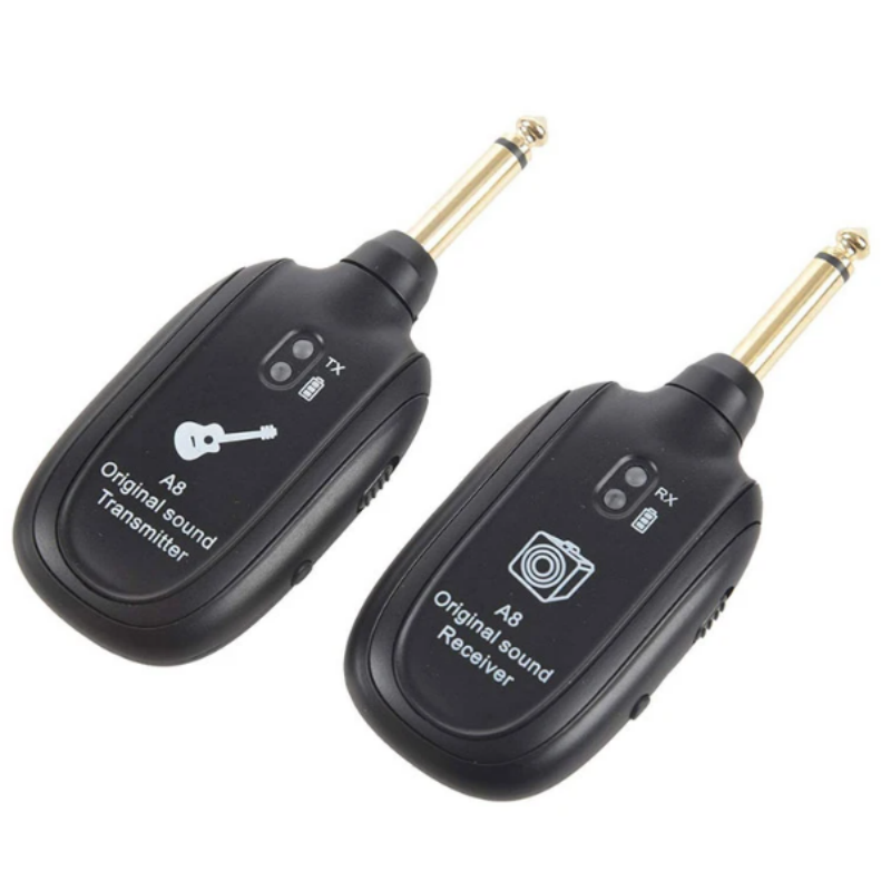 A8 Guitar Wireless System Transmitter Receiver Built-in Rechargeable Built- in Rechargeable wireless guitar transmitter. 