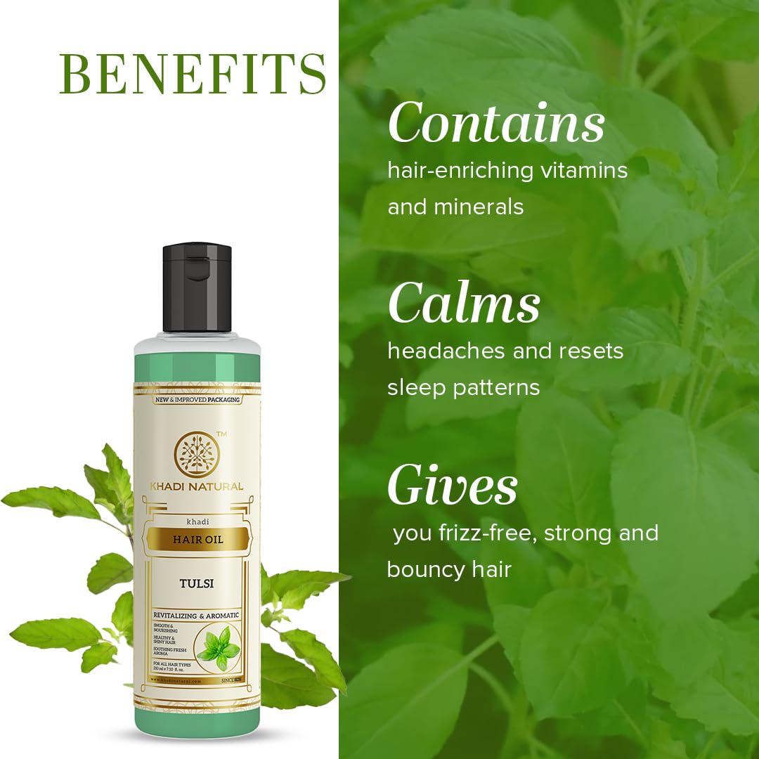 Khadi Natural Tulsi Herbal Hair Oil|Hair Oil For Hair Fall |Non-Sticky Hair Oil For Dry Scalp | Paraben & Mineral Oil Free | Suitable For All Hair Types| 210 ml. 