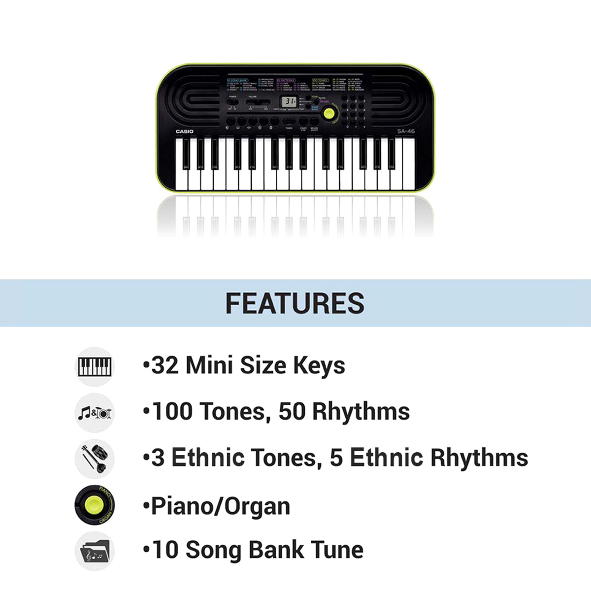 Casio SA-46 Portable Musical Keyboard Piano - Black & Green with Adapter. 