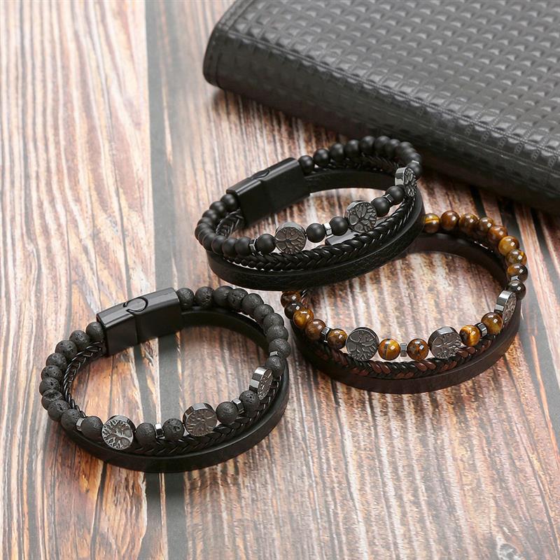 New Fashion Life Tree Leather Bracelet Men Classic Fashion Tiger Eye Beaded Multi Layer Leather Bracelet For Men Jewelry Gift. 