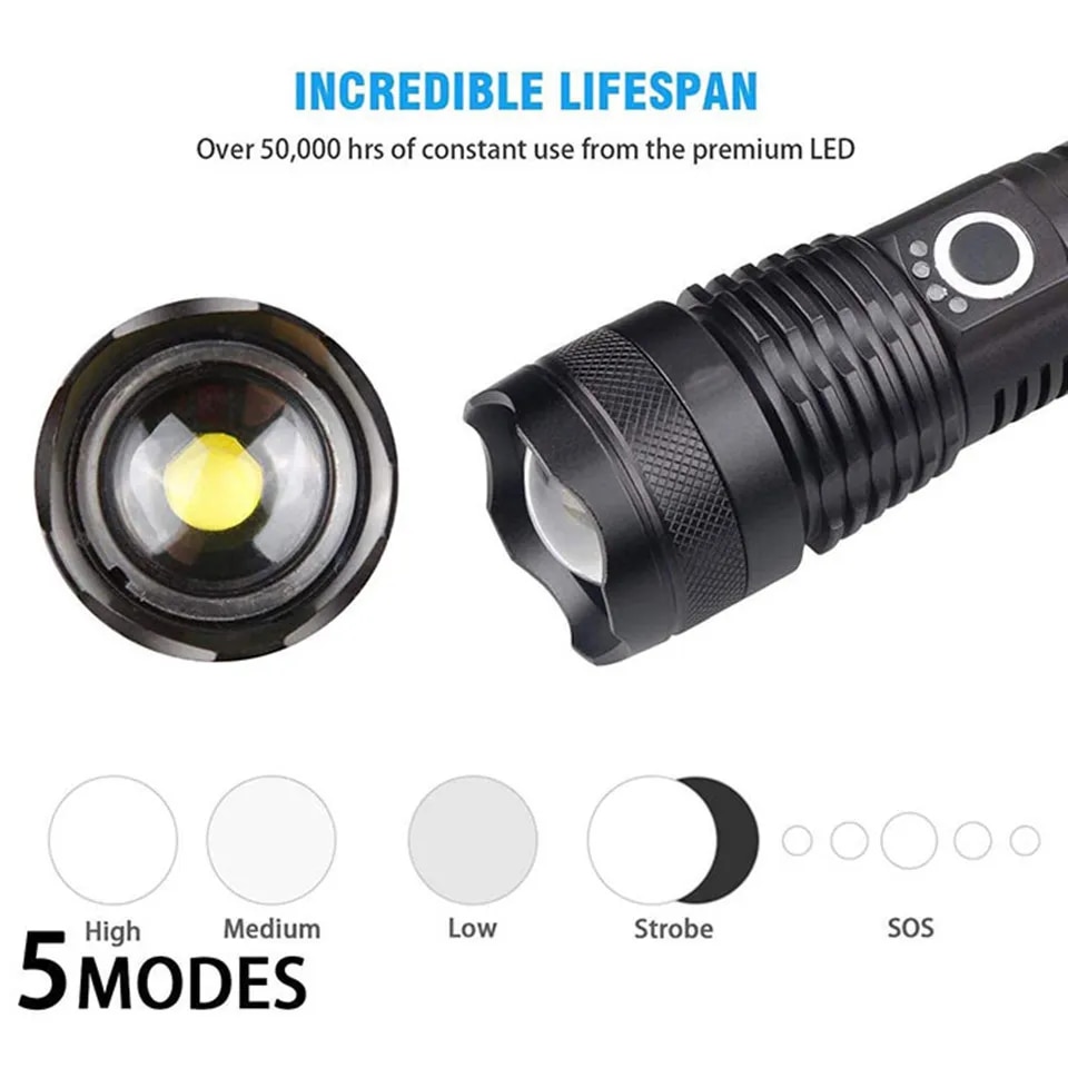 【NEW】 Flashlight Xhp70 Most Powerful LED Rechargeable Lantern Usb Zoom 18650 Battery 26650 Torch Best Camping, Outdoor & Emergency Use. 