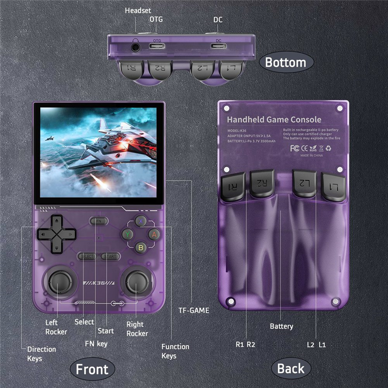 K36 Handheld Retro Game Console 64G 16000+ Games 3.5 Inch 3500mAh Dual Joystick for PSP/MAME/N64 Video Game Player B. 