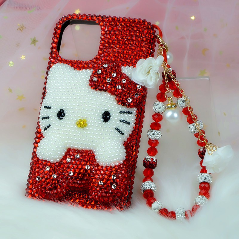 Applicable iPhone11 12 1314pro Max Apple 8plus Red Rhinestone Cat Phone Case All Inclusive