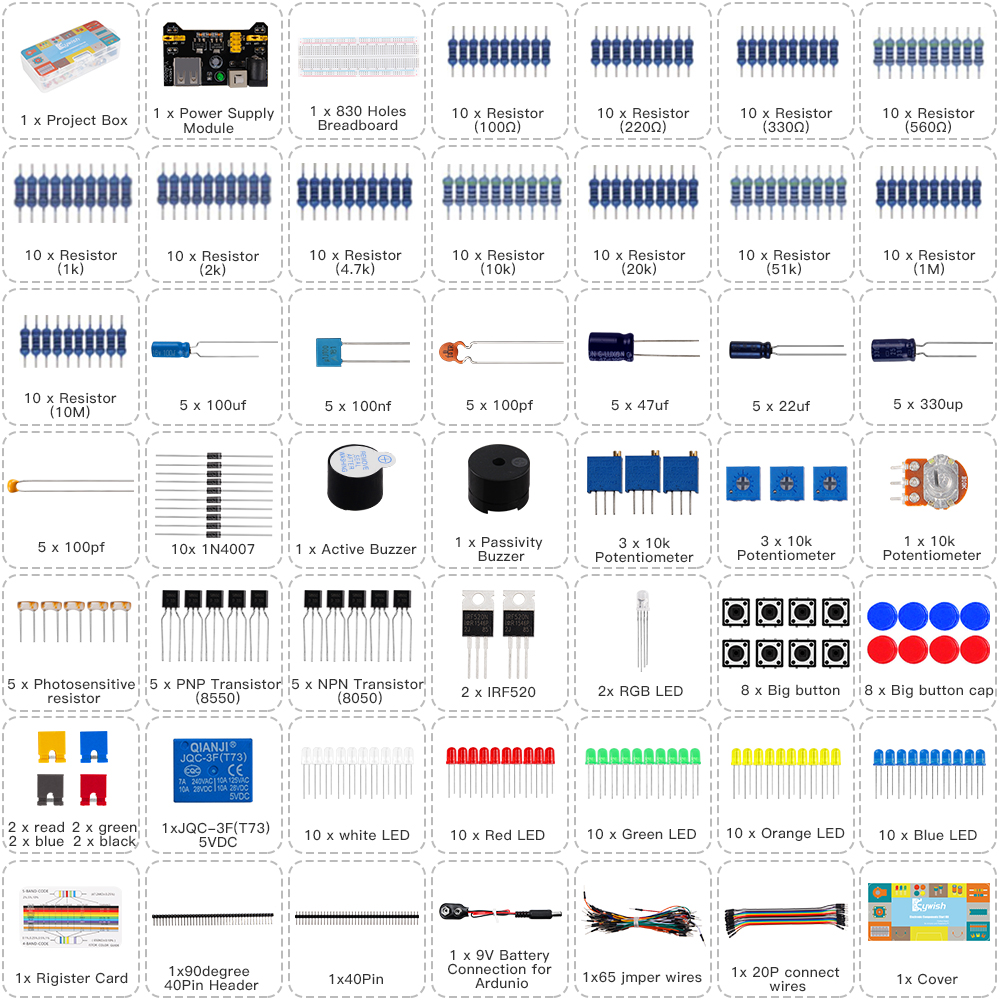 Keywish Diy Electronics Basic Starter Kit Breadboard,Jumper wires,Resistors,Buzzer for Arduino UNO R3 Mega256. 