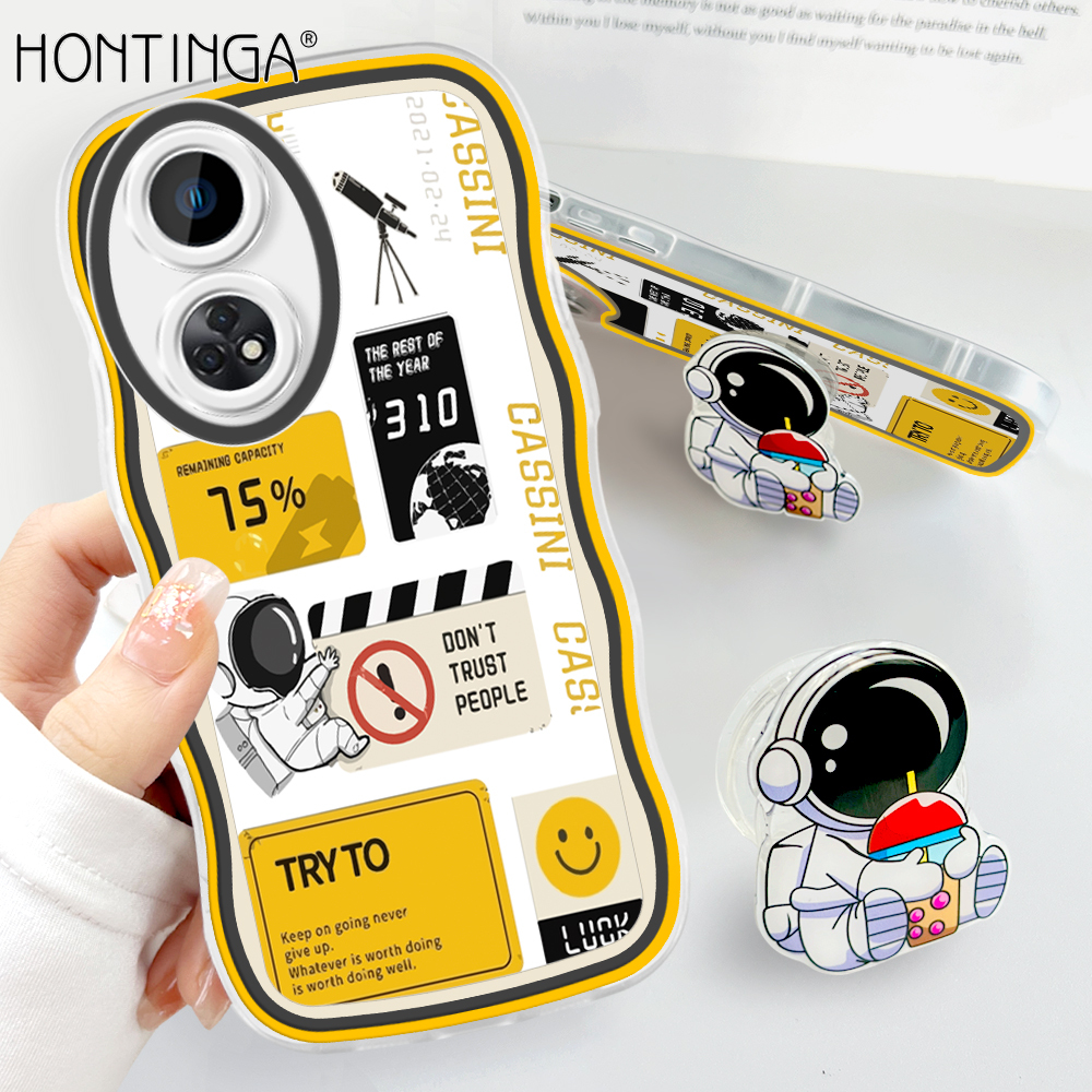 Hontinga for OPPO Reno8 T Back Cover + Free Holder Fashion Soft Wavy Case Camera Protection Transparent TPU Mobile Cover